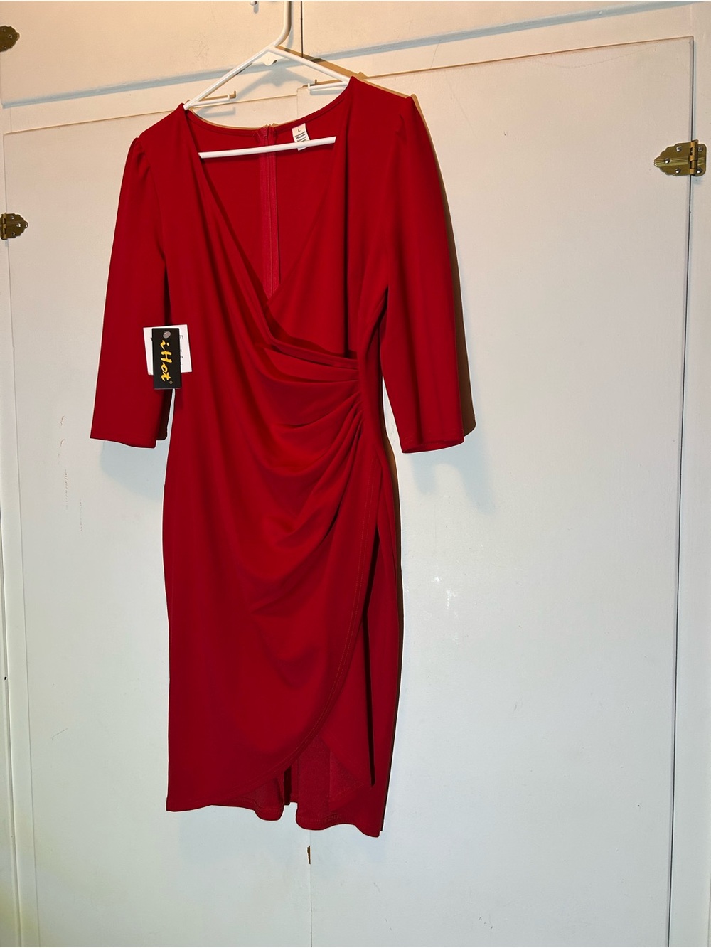 Draped Red Midi Dress with V-Neck